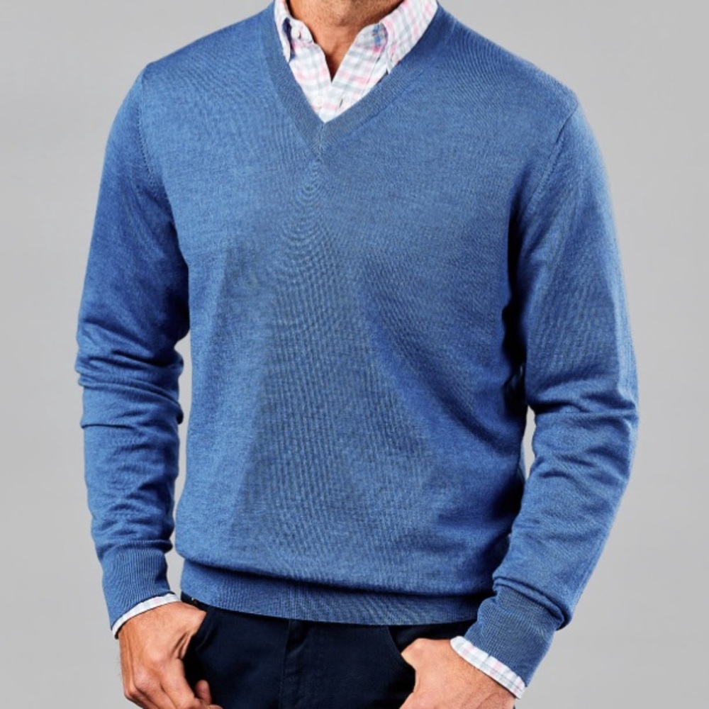 Brooks Brothers Merino Wool Blend V-Neck Sweater In Blue | Size M